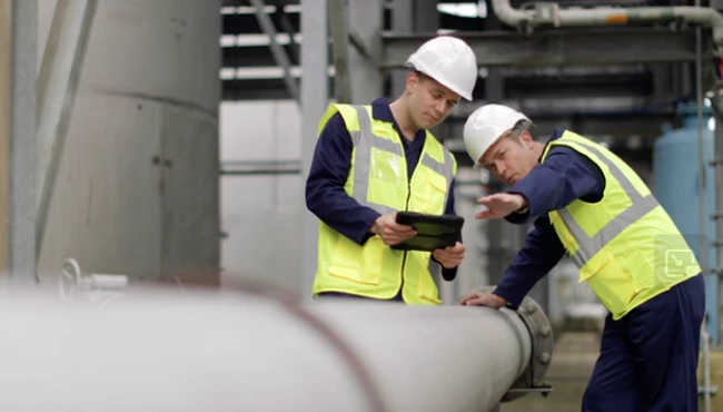 Experienced project manager holding a drawing and discussing project details with two colleagues on-site.