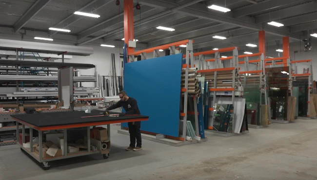 A glazier cutting glass at a table in a manufacturing facility filled with glass stillages, showcasing precision and craftsmanship in glasswork.