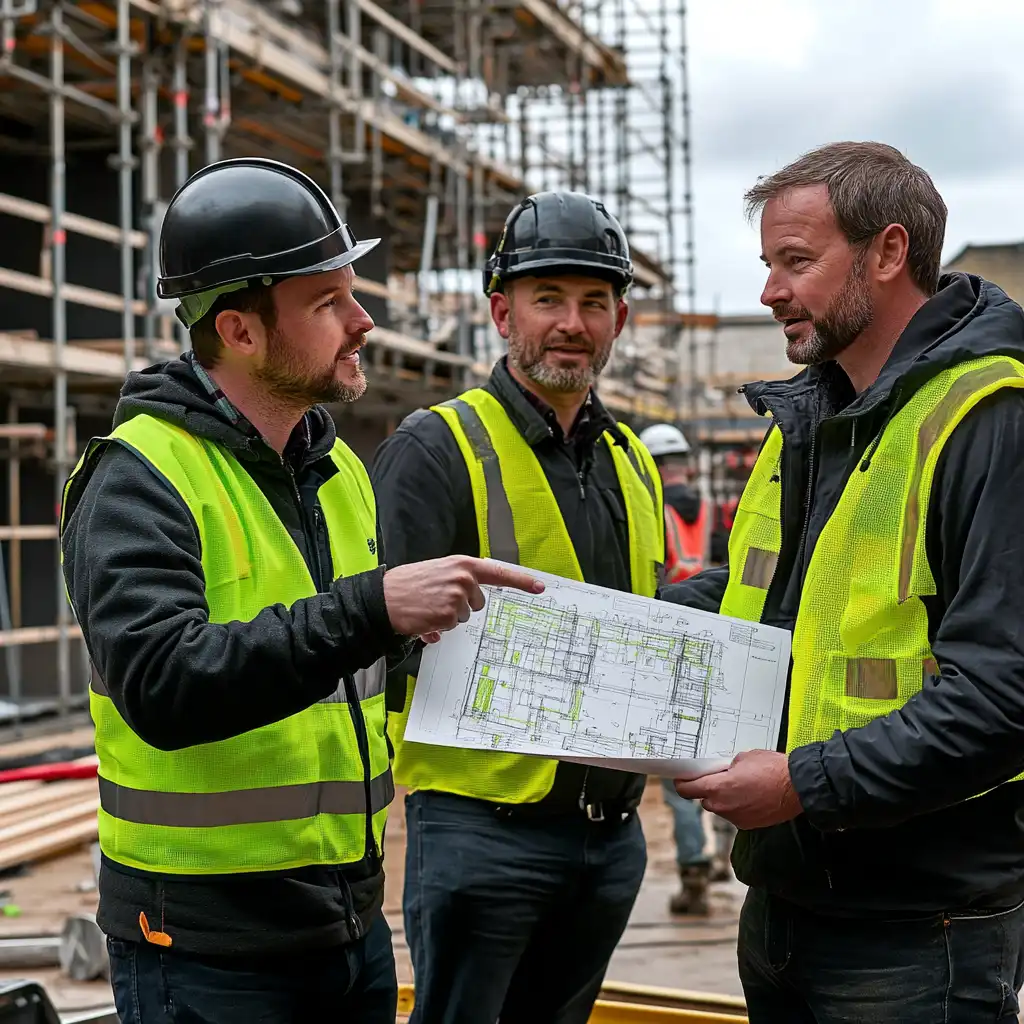 Experienced project manager holding a drawing and discussing project details with two colleagues on-site.