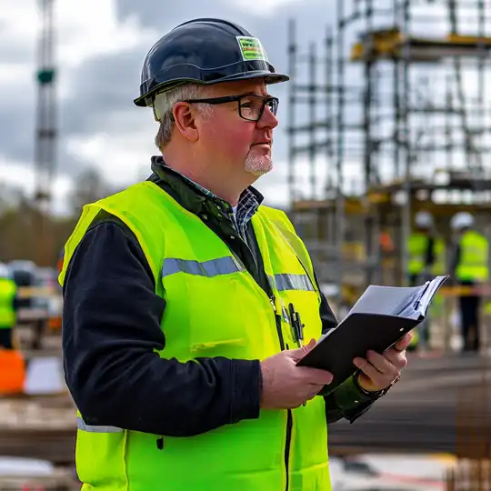 Construction site manager wearing high-visibility vest and hard hat, holding a notepad and inspecting the building site.